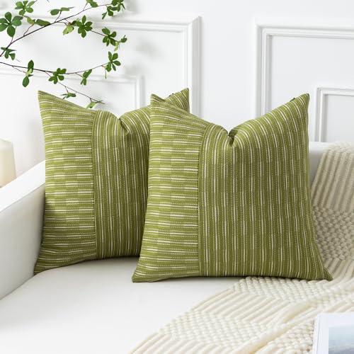 Kevin Textile Light Green and Beige Farmhouse Striped Patchwork Linen Spring Decorative Throw Pillows Covers 18x18, Set of 2, Modern Accent Square Cushion Covers for Couch Chair Bedroom Decorations - color: Light Green, size: 18" x 18" (Pack of 2)