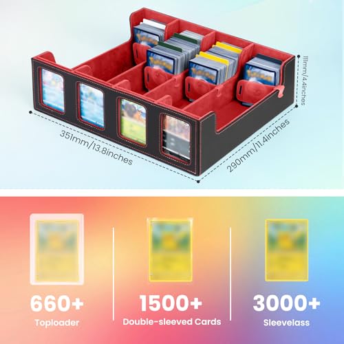 Trading Card Storage Box with Commander Display, 4-Row Deck Case with Removable Lid & Handle, 3000+ Card Organizer with 24 Colorful Dividers & 4 Stoppers for MTG, Black & Red - color: Black & Red, size: 3000+, with Handle