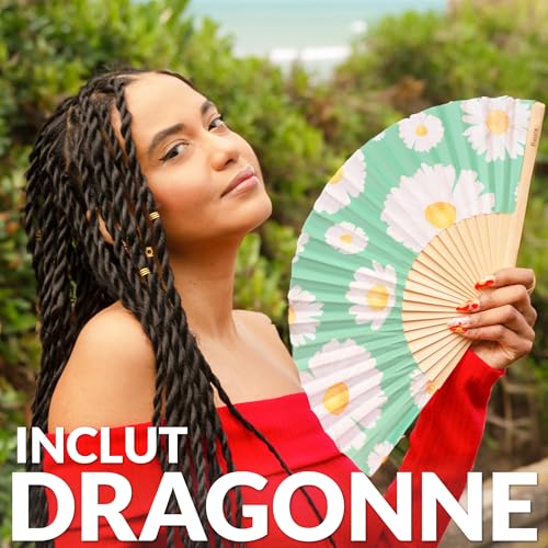 Fisura – Original “Daisy” Folding Fan. Green Wooden Handheld Fan for Women with Hanger. Elegant Accessory for Weddings, Parties, Festivals, Raves and Creative Gift Ideas. 16.7 x 9 - color: Daisies