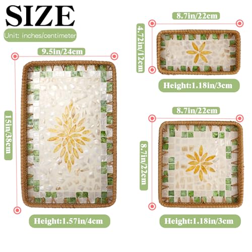 Rectangle Rattan Serving Tray with Mother of Pearl Inlay, Handmade Wicker Coffee Table Basket for Fruit Bread Food Tea Party Picnic Table Kitchen Home Boho Decor 3 Sizes (Yellow Flower) - color: Yellow Flower