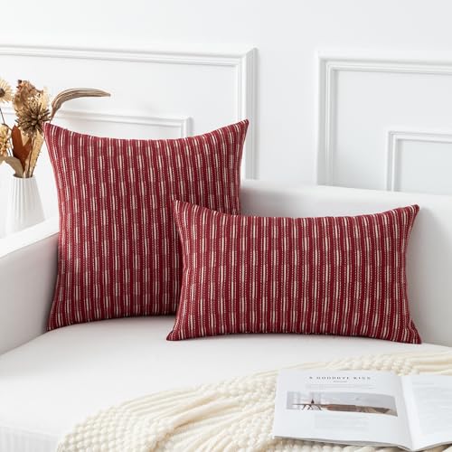 Kevin Textile Valentines Wine Red Lumbar Pillow Covers 12 x 20 Set of 2 Farmhouse Boho Woven Texture Linen Pillow Covers for Sofa Couch Living Room Bedroom Farmhouse Décor for The Home - color: A-wine Red, size: 20" x 12" (Pack of 2)