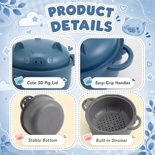 2 Sets 45oz Cute Pig Ramen Bowl Set Microwavable, Dark Blue, Gray - color: Dark Blue,Gray