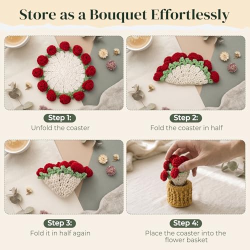 Crochet Flowers Coasters with Basket,Handmade Rose Bouquet Blanket Kawaii Decor Coaster for Desk,Coffee Table,Home Decor,Wedding Gift,Housewarming,Birthda(2Pcs) (Red) - color: Red