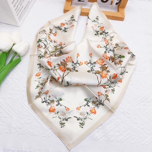 100% Mulberry Silk Neck Scarf for Women Square Neckerchief – 21 inch - color: Beige Flower