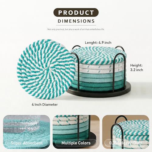 Lazebox Coasters Set of 8 for Drinks, 4 Inch Large Coasters for Coffee Table, Tabletop Protection for Hot & Cold Drinks, Versatile Coasters for Home Decor, Non-Slip & Easy to Clean, Green - color: Green