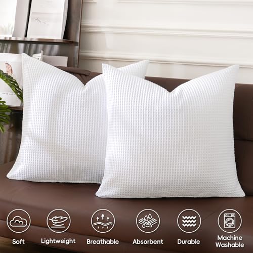 PHF Cotton Waffle Throw Pillow Covers 24" x 24", White, No Insert - color: White, size: 24" x 24" (Pack of 2)