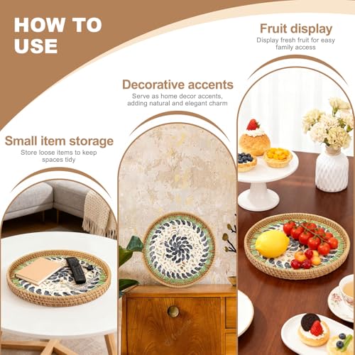 11.8" Decorative Round Rattan Tray with Mother of Pearl, Hand-Woven Wicker Serving Tray, Boho Rattan Basket Platter for Fruit Bread Coffee Counter Dessert Kitchen - color: Trumpet