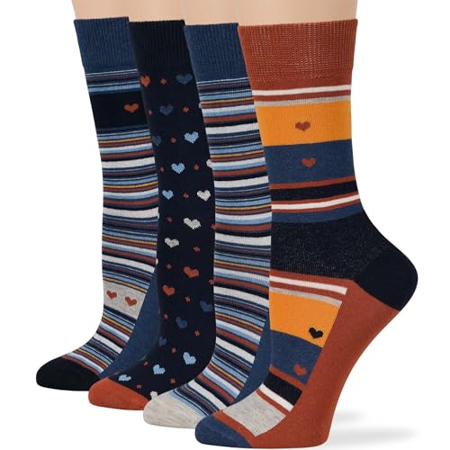 7BIGSTARS Women Cotton Crew Socks, Patterned 4 Pack, M 5-9 - L 8-12 - color: 03b - Dark Navy, Light Navy, Orange (A55), size: 5-9