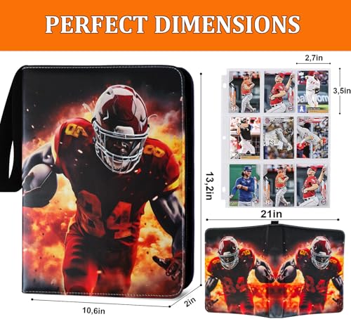 Football Card Binder 900 Pockets, 50 Sleeves Large Football Binder 3 Ring Zipper Trading Cards Holder 9 Pocket, Sport Card Collection Folder Book Storage Organizer, Album Case Protector Collector Gift - color: Black-Orange Football, size: 900 Pockets