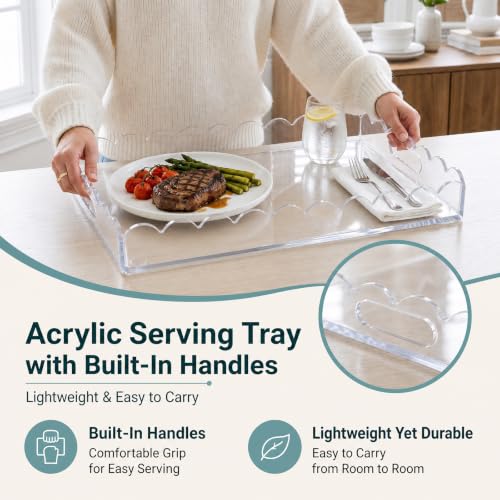 17 x 12 Inch Scalloped Clear Acrylic Serving Tray with Handles - size: 16.5" x 12" x 2"