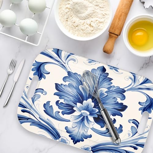 Serving Trays with Handles, 14.5 x 9.8 inch Rectangular Plastic Tray for Restaurant, Kitchen, Blue and White Pattern - color: Blue and White Pattern