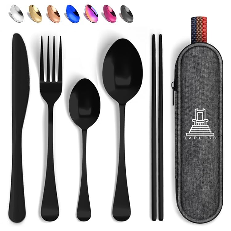 Travel Utensils With Case, 5 Pcs portable silverware set (Black) - color: Black, size: 5 Pieces