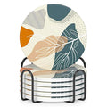 Coasters for Drinks, Set of 6 Cute Absorbent Ceramic Drink Coasters - color: Abstract Boho Leaf