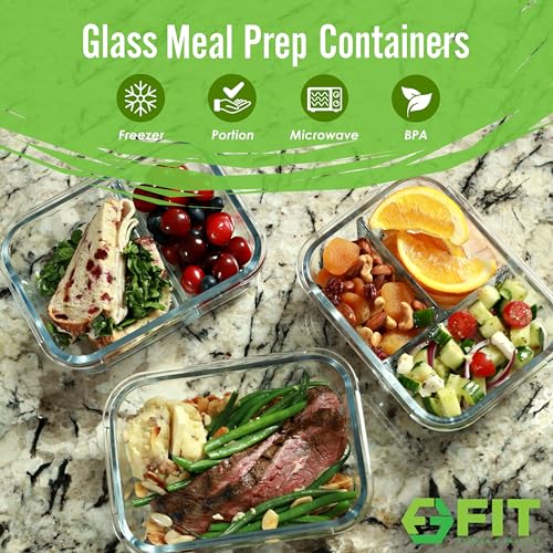Glass Meal Prep Containers 1 & 2 & 3 Compartments, Airtight, 35 oz, 3 Pack - color: Gray (1,2,3 compartment - 3 pack, 35 oz)