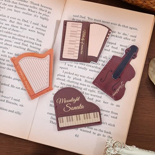 4PCS Leather Musical Instrument Bookmarks，Cute Corner Book Marks Sets for Reading，Art Read Lover Gifts for Women Men Girls Kids Reader，Pretty Book Markers for Reading, Aesthetic Gifts for Planner - style: Musical Instruments