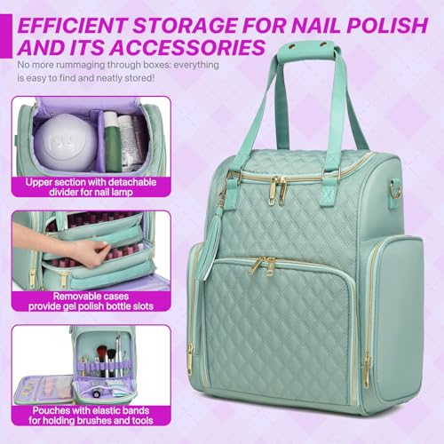 Nail Bag Organizer Case Backpack, Nail Bag Holds 80 Bottles (15ml-0.5 fl.oz) and Nail Lamp, Nail Polish Case with 2 nail polish Bag, Portable Travel Backpack for Nail Tech Supplies Manicure Tools - color: Green