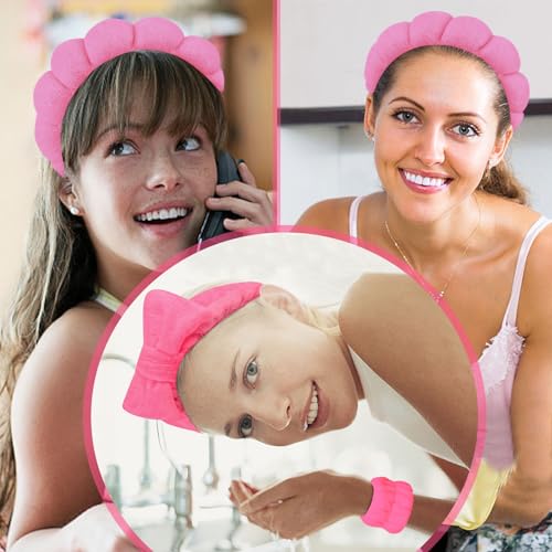 6 Pcs Terry Cloth Headband and Wristbands Set - Sponge Makeup Removal Headbands for Skincare, Shower, and Face Washing - color: Rose