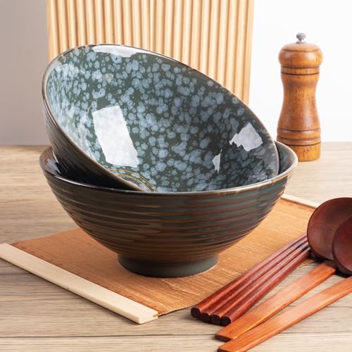 40oz Japanese Ceramic Ramen Bowl Set of 2 with Chopsticks and Spoons for Pho Udon Asian Soup Noodles (Jade Speck) - color: Jade Speck
