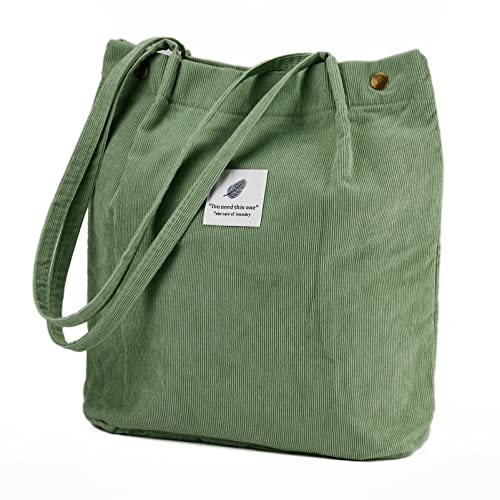 Corduroy Tote Bag Cute Tote Bags for Women Shoulder Bag with Inner Pocket for Work Beach Travel and Shopping Grocery - style: Matcha Green