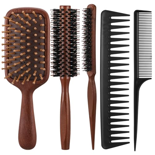ProSuites Wooden Color Hair Brush and Comb Set for Women Men and Kids, Wood Wide-tooth brush and tail comb - Detangling Brush for Wet Dry Curly Hair - color: Wooden Color