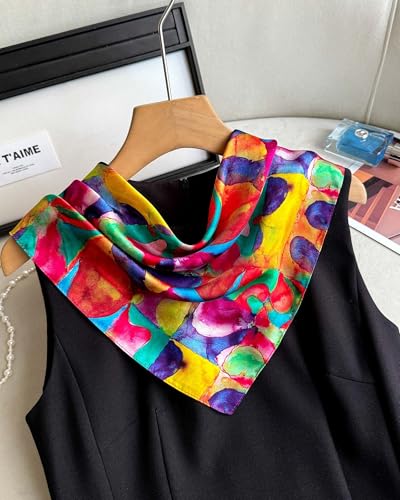 100% Mulberry Silk Scarf for Women Lightweight 21" Small Square Neck Scarf Headscarf Neckerchief Gift Packed - color: Colorful Abstract