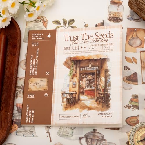 Coffee Themes Sticker Scrapbooking Supplies for Junk Journal, 50 Sheets Washi Stickers - Vintage Journaling Stickers, Ephemera Sticker Book Pre Cut(TZ-005-008) - color: Coffee Life
