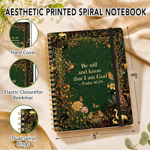 Christian Lined Spiral Notebook, Pretty Hardcover Journal 6'' x 8.4'', Bible Verse Prayer Notebook for Women, Psalm 46:10 Gift - color: garden-green