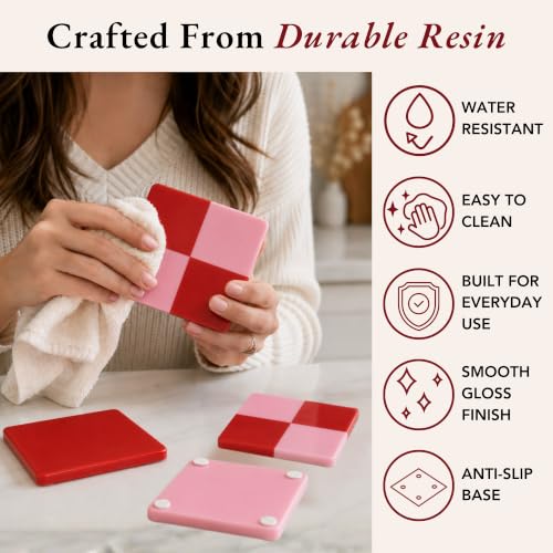 Folkulture Pink & Red Decorative Coasters Set of 4, Non Slip, 4 Inch - color: Checkered Valentine
