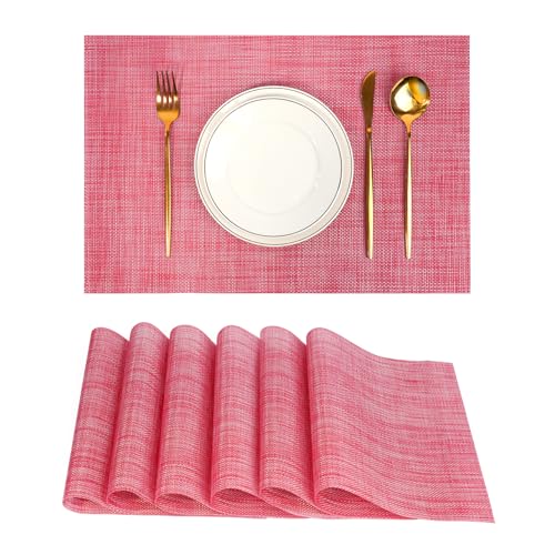 Placemats Set of 6，Christmas Decoration Non-Slip PVC Weave Table Mats Easy to Clean，Heat Resistant Place Mats for Kitchen Dining Table Decoration Indoor Outdoor，Red - color: Red