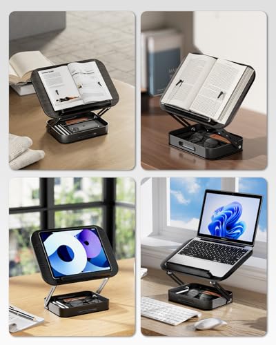 Adjustable Book Stand with Storage Drawer, 360° Rotating Book Holder, Height & Angle Adjustable, Extra-Wide Page Clips for Thick Books, Wood & Aluminum Book Stand for Desk, Study, Kitchen - color: Black