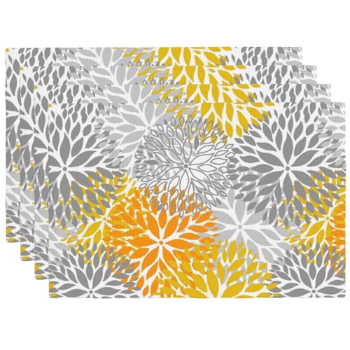Abstract Yellow Gray Dahlia Floral Placemats Set of 4 12x18 Inch - color: Yellow Gray, size: Set of 4