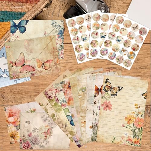 Stationery Paper Envelopes Set 160 Pcs - 50 Lined Writing Paper, 50 Envelopes, 60 Dot Stickers, Vintage/Floral/Leaf/Watercolor Multi-Style Options (STATIONERY-160PCS-VINTAGE) - style: Vintage Botanical