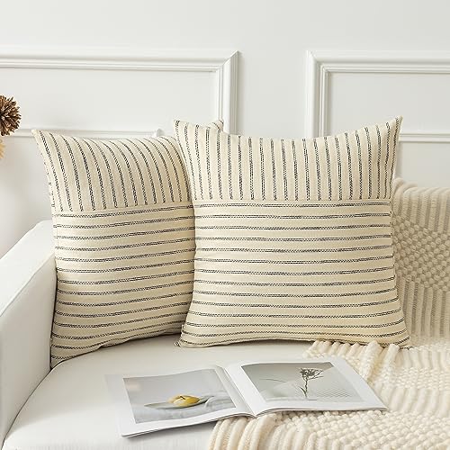 Kevin Textile Farmhouse Pillow Covers 18x18, Modern Accent Square Throw Pillow Covers Set of 2, Beige and Black Striped Patchwork Linen Decorative Pillows Cushion Covers for Couch Bedroom - color: Beige, size: 18" x 18" (Pack of 2)