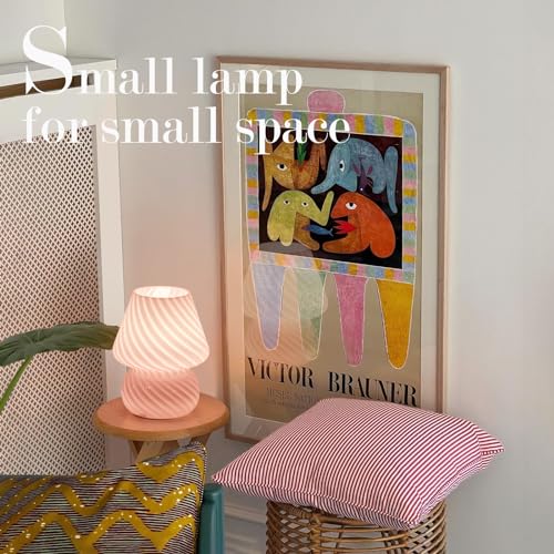 ONEWISH Mushroom Lamp-Small Bedside Table Lamp with Striped Glass, Nightstand Lamp for Bedroom, Living Room, Cafe, Bulb Included, Home Decor for Girls Women, Pink - color: Pink