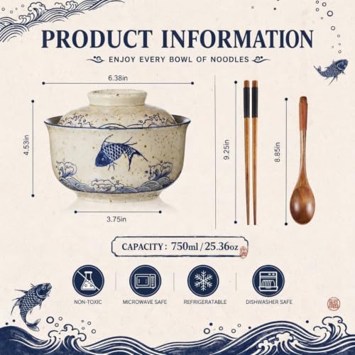 LemonRoad 25oz Ramen Bowls Set of 4 Japanese Dinnerware Set with Lid, Fish - style: Fish