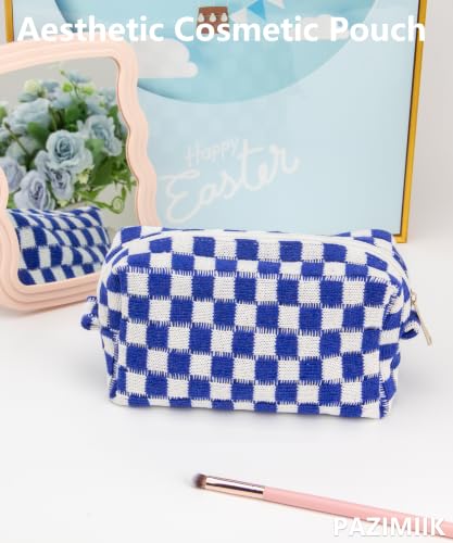 Checkered Makeup Bag for Purse, Small Travel Cosmetic Pouch,Sapphire Blue - color: Sapphire Blue