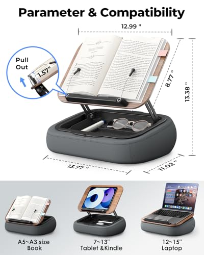 Viozon Lap Book Pillow Stand with Storage, Adjustable Beanbag Reading Pillow with Dark Wood Panel, Multi-Angle Book Holder for Hands-Free Reading in Bed or Sofa,Book Lover Essential, Soft Cushion - color: Natural Wood
