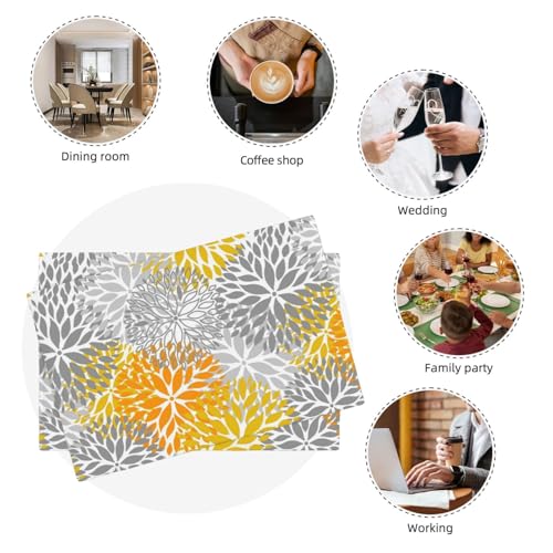 Abstract Yellow Gray Dahlia Floral Placemats Set of 4 12x18 Inch - color: Yellow Gray, size: Set of 4