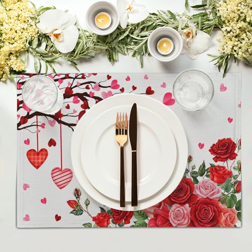 Giwawa Valentine's Day Placemats, Romantic Love Hearts Tree Branches Rose Floral Table Mat, Heat Stain Resistant Linen Place Mats for Kitchen Dining Wedding Anniversary Decor, 12"x18", Set of 4 - color: Heart Flower