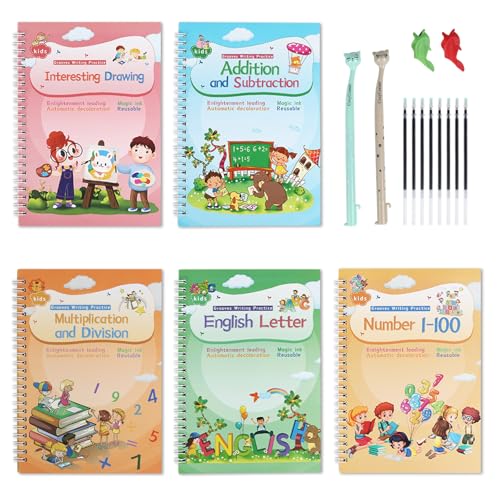 CosyCorner Magical Handwriting Workbooks Handwriting Practice Magic Copybook, Handwriting Aid Magic Pen Reusable Copybook Grooves Template Design for Children(4 Books, 10.2×7.2 in)
