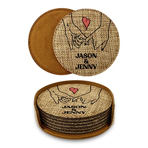 Smile Art Design Family Couple Names CUSTOM COASTER Set of 6 with base Round Burlap Material Personalized Prints Personalized Gifts Christmas House warming for her him Valentine's Day Gift Style8 - color: Style 08, size: Set of 6 - Round Coaster