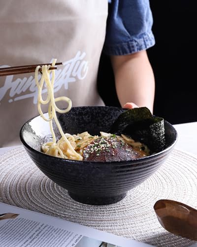 Kanwone Ceramic Japanese Ramen Bowl Set, Noodle Soup Bowls - 37 Ounce, with Matching Spoons and Chopsticks for Udon Soba Pho Asian Noodles, Set of 2, Black - color: Black, size: 8 Inch