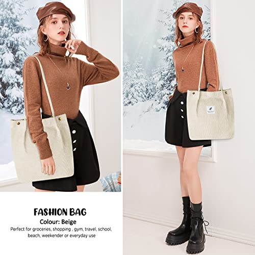 Ayieyill Corduroy Tote Bag for Women Canvas Shoulder Cord Purse with Inner Pocket - color: Beige