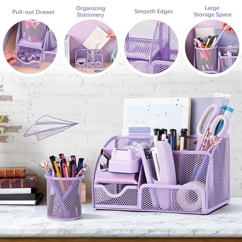 Fayoo 15 Pcs Purple Office Supplies Set Mesh Desk Organizer Accessories Kit - color: Purple