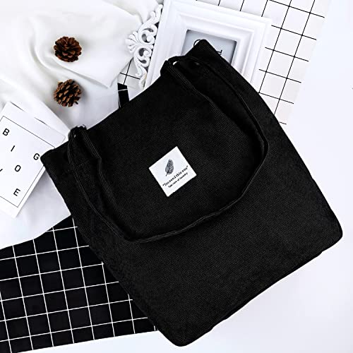 Ayieyill Corduroy Tote Bag for Women Canvas Shoulder Cord Purse with Inner Pocket - color: Black