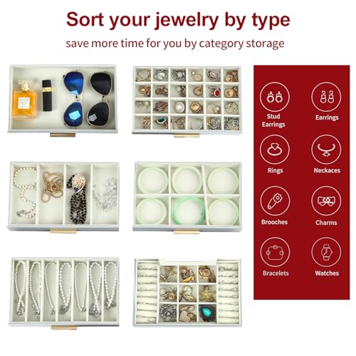 BOOVO Jewelry Boxes for Women, White and Black 6 Layer Large Jewelry Box for Necklace, Bracelet, Earrings, Rings Storage, Jewelry holder Organizer for Girls Gift (Grey and Gold, 6 layer) - color: Grey and Gold, size: 6 layer