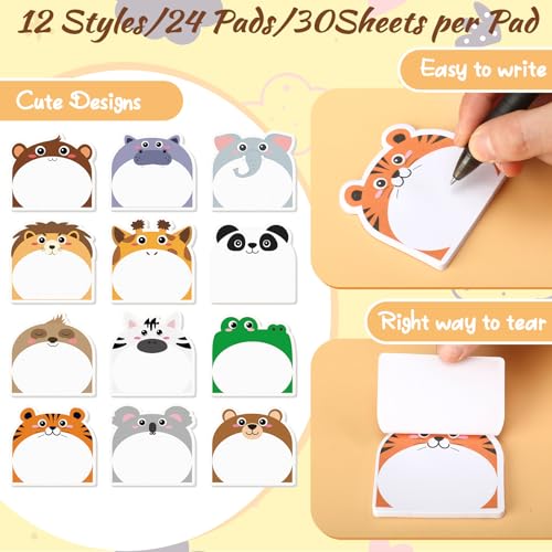 Yinder 24 Pads Safari Animal Sticky Notes Fun Kawaii Memo Self Stick - color: Multicolor, size: Lovely Animals