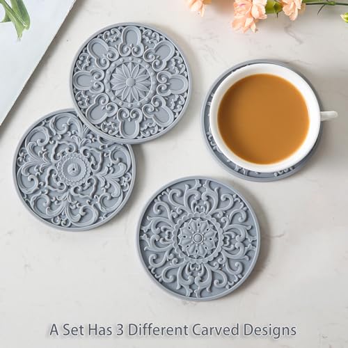 Colinda Silicone Coasters - Set of 6 with Holder, Non-Slip Cup Mats for Hot and Cold Drinks, Decorative Designs, Gift Ready Packaging, White - color: White