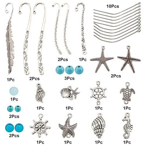 SUNNYCLUE DIY 6 Set Ocean Metal Hook Bookmarks Making Kit 6pcs Leaf Tibetan Style Alloy Bookmark with Starfish Shell Alloy Pendants & Turquoise Beads for DIY Book Marks Making,4.6inch Long - color: Diy 6 Sets Sea Hook Bookmarks Antique Silver