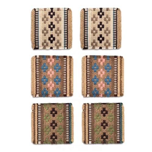 Boho Woven Coasters Set of 6, Absorbent Drink Coasters for Coffee Table, Rustic Farmhouse Table Decor, Southwestern Aesthetic, Handmade Style, Housewarming Gift